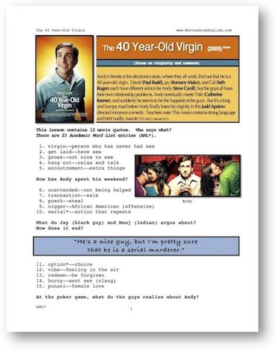 The 40 Year-Old Virgin cover page for whole-movie lesson at Movies Grow English